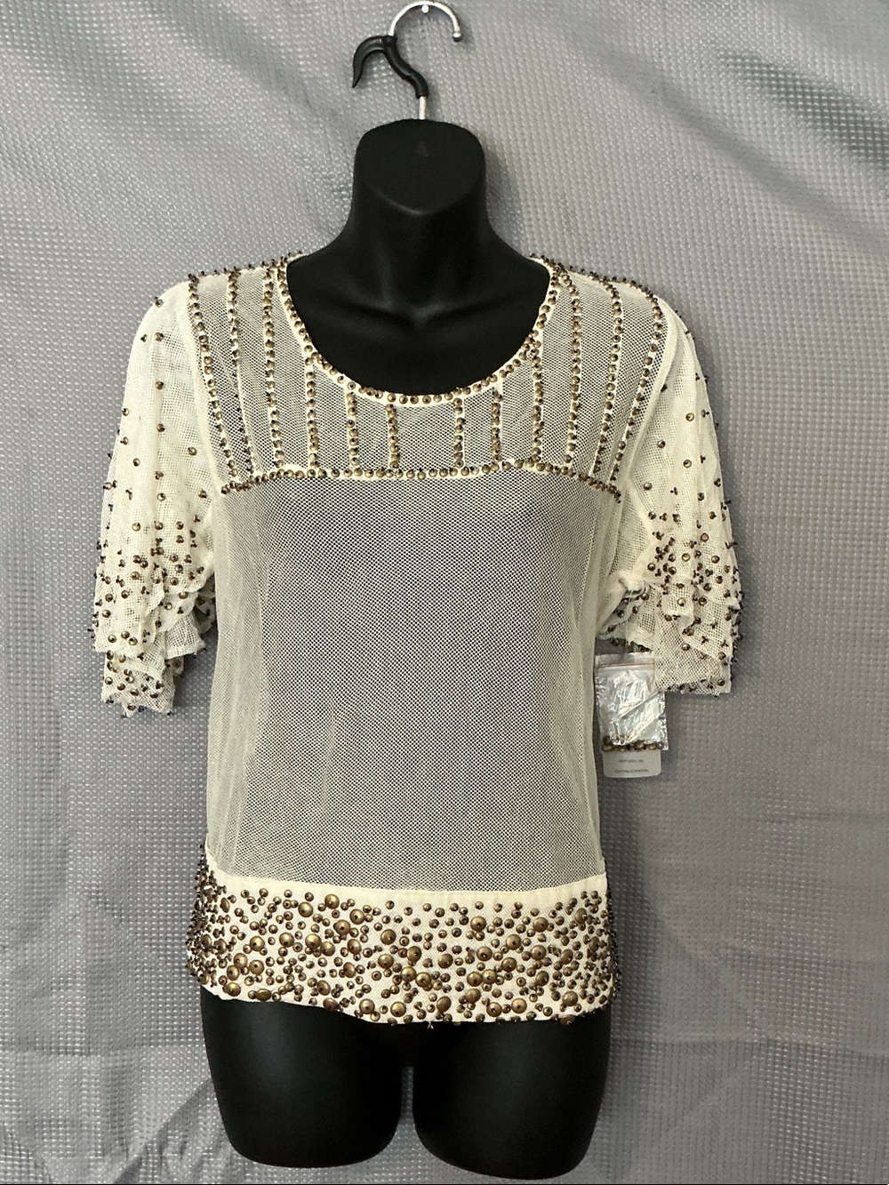 Cream Beaded Mesh Short Sleeve Blouse